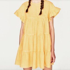Zara Women's Yellow Gingham Tiered Babydoll Mini Dress Ruffle Sleeve